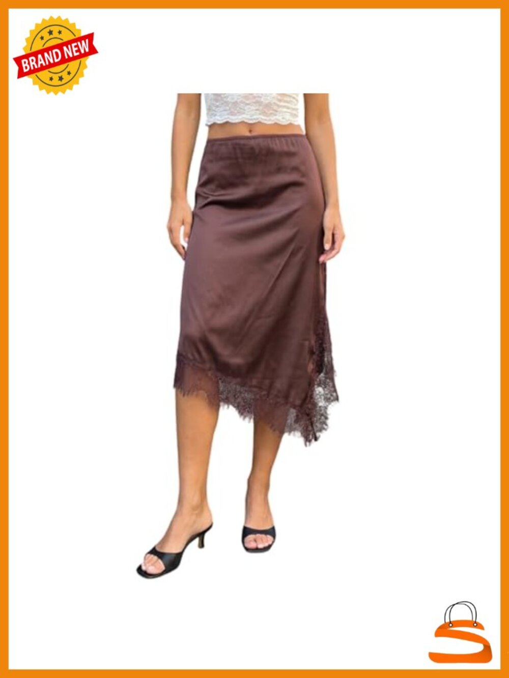 Silk Satin Half Slip Long Skirts Lace Trim Asymmetrical Maxi Skirt Flowly A